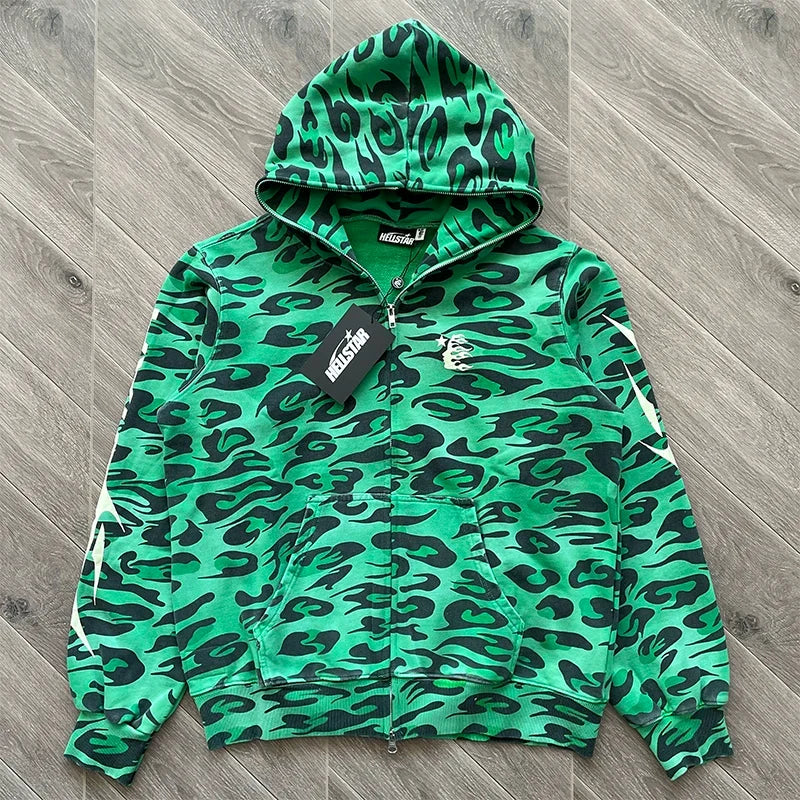 Hellstar Camo Print Full-Zip Hoodie green