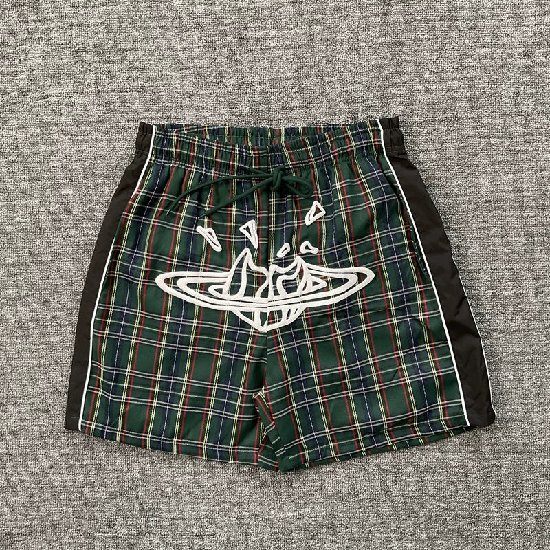 Broken Planet Market Shattered Planet Plaid Nylon Shorts - Green / Black