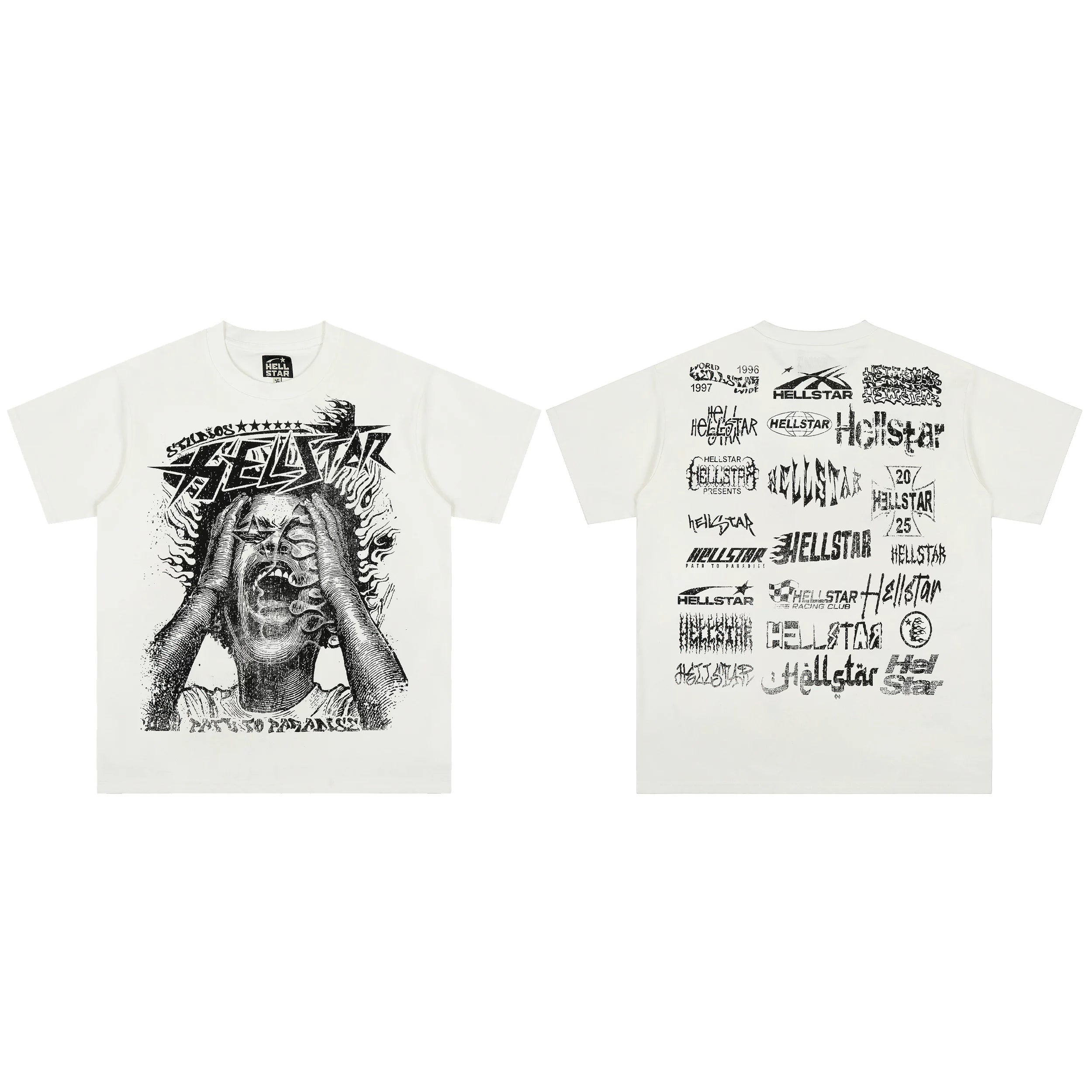 Hellstar Screaming Face & Logo Grid Graphic Tee - Off-White