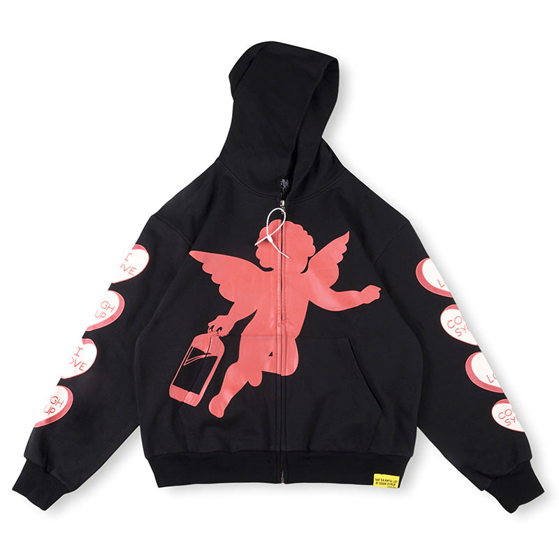 That's A Awful Lot Of Cough Syrup Angel Full-Zip Hoodie - Black / Peach