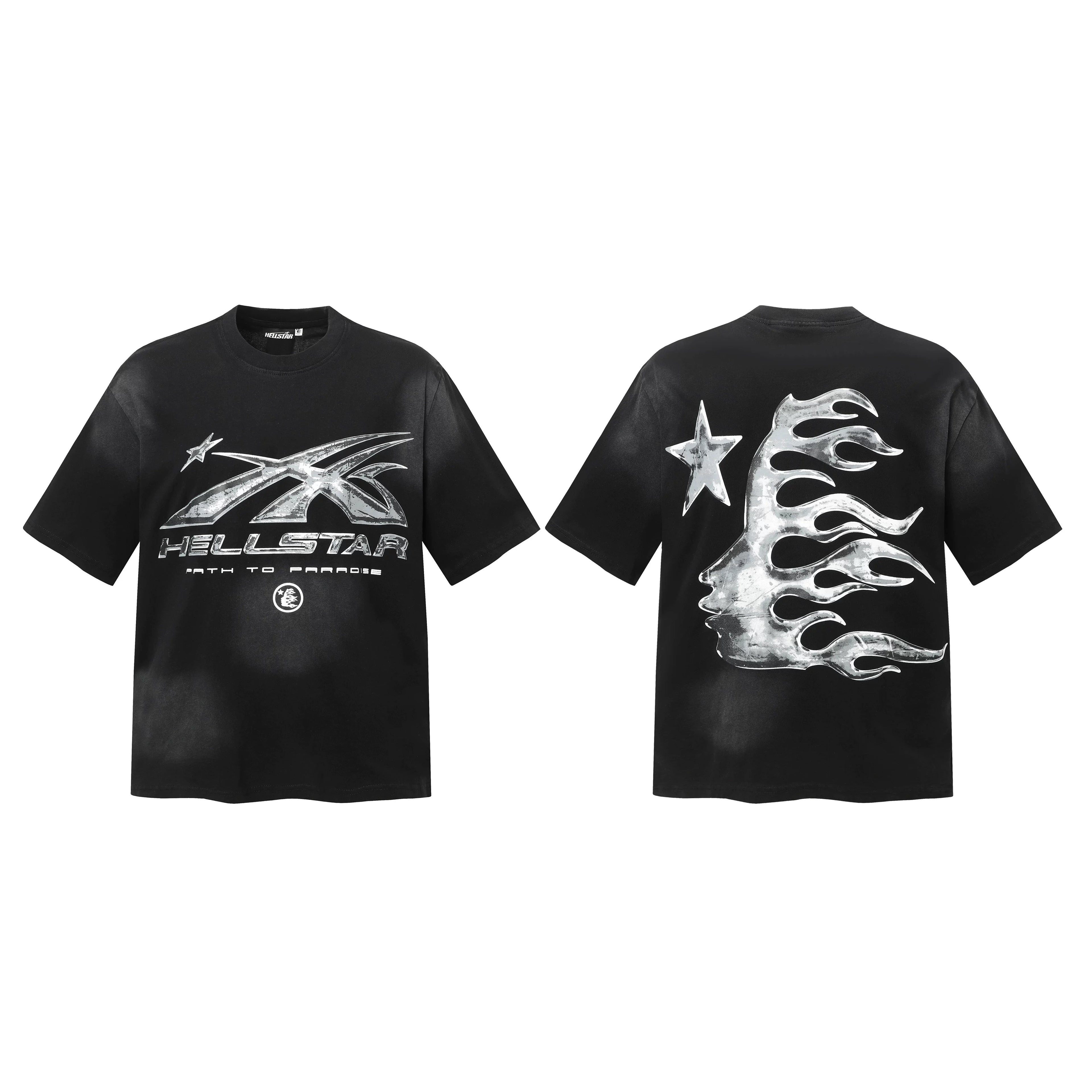 Hellstar "H-Star" Metallic Logo & Flame Profile Graphic Tee - Black