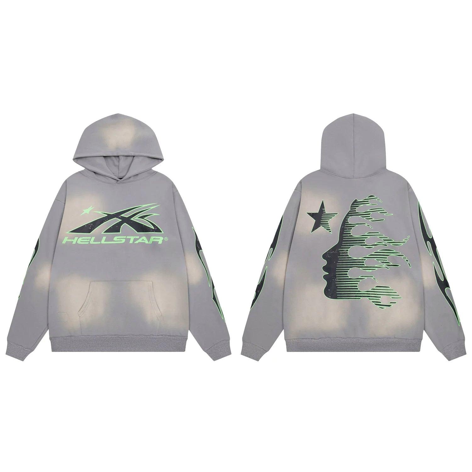 Hellstar Neon Green Spiked Logo & Face Grey Hoodie