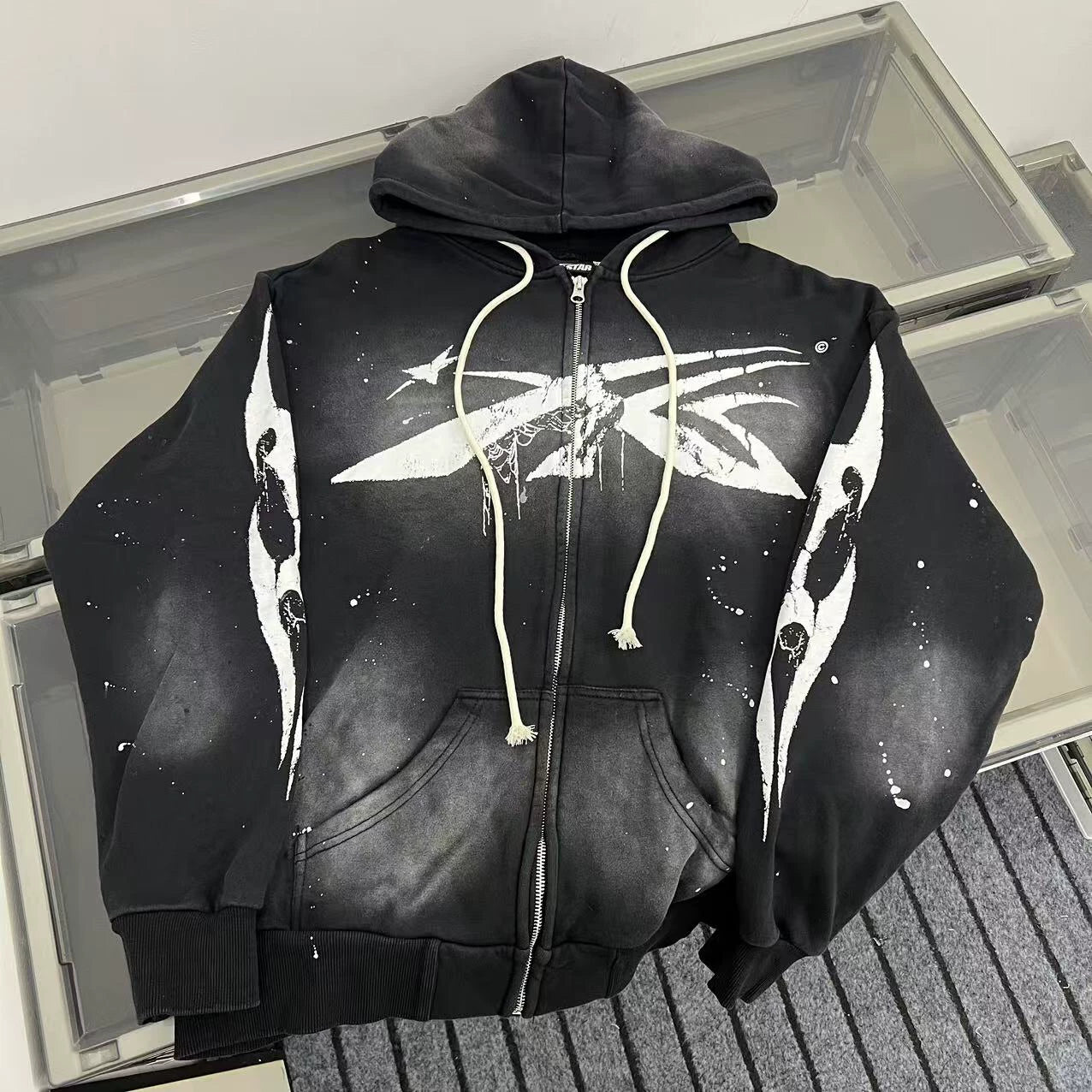 Title Hellstar Front Logo & Flame Graphic Washed Black Full-Zip Hoodie
