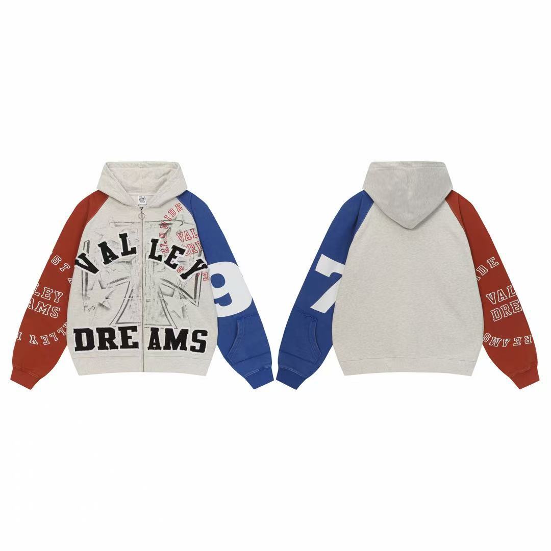 Vale Forever Valley Dreams Colorblock Iron Cross Graphic Vintage Wash Full-Zip Hoodie white