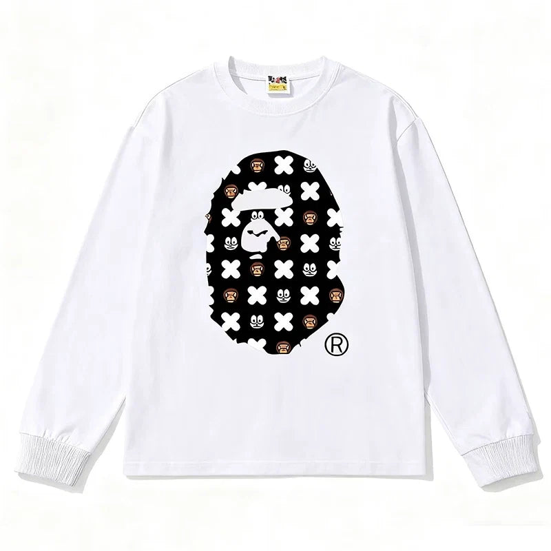 BAPE Style All-Over Cartoon Print Ape Head Long-Sleeve Tee - White