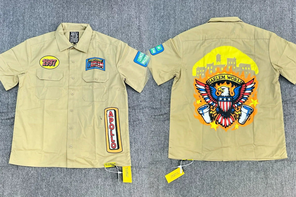 That's A Awful Lot Of Cough Syrup Harlem Eagle Patch Button-Down Shirt - Khaki