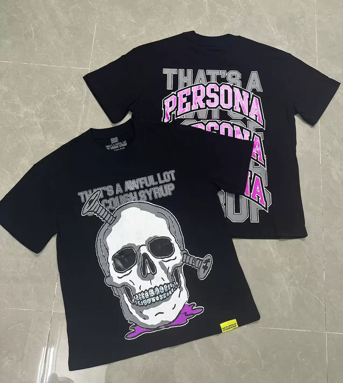 That's A Awful Lot Of Cough Syrup Skull Graphic T-Shirt - Black / Purple