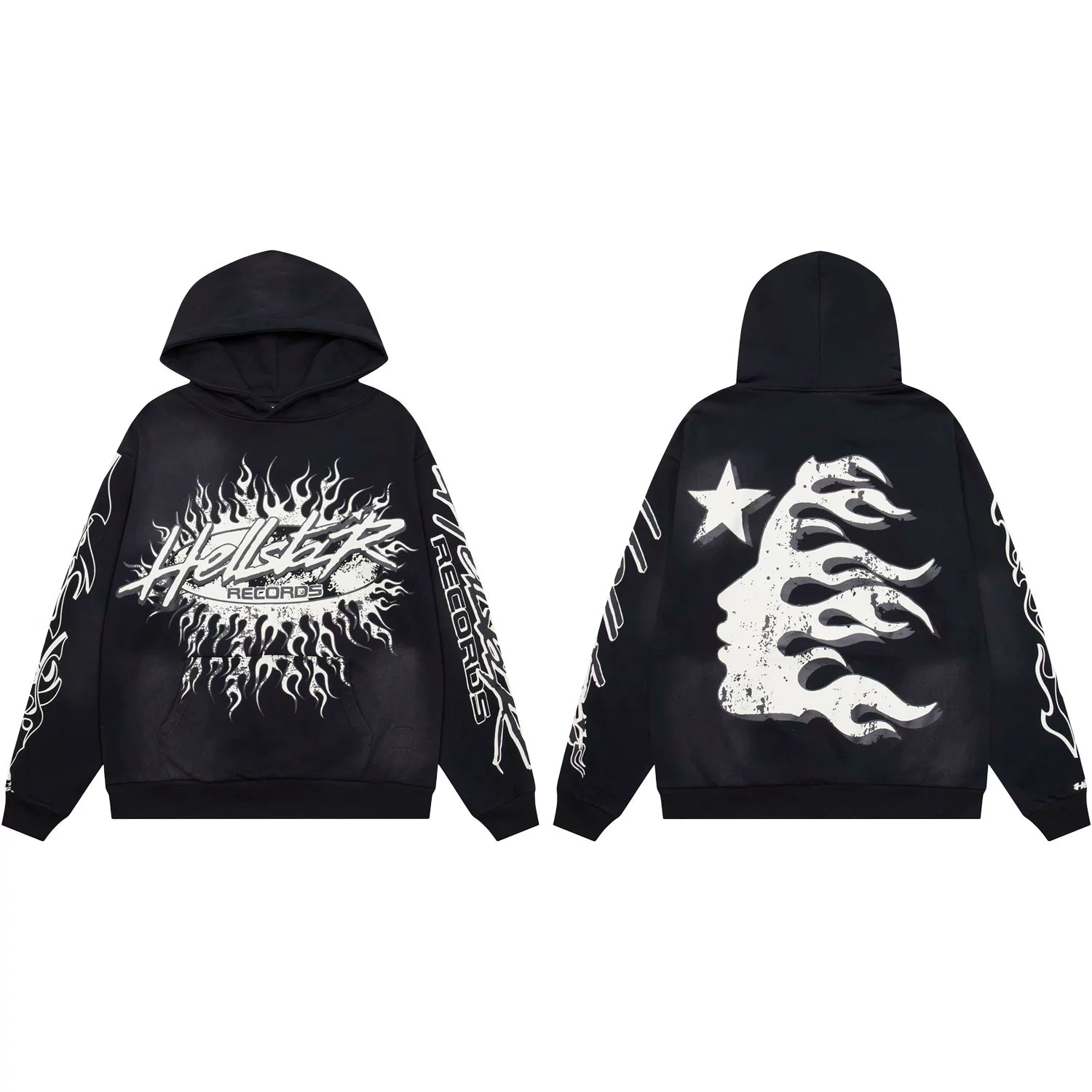 Hellstar Records Flaming Burst & Face Graphic Hoodie black