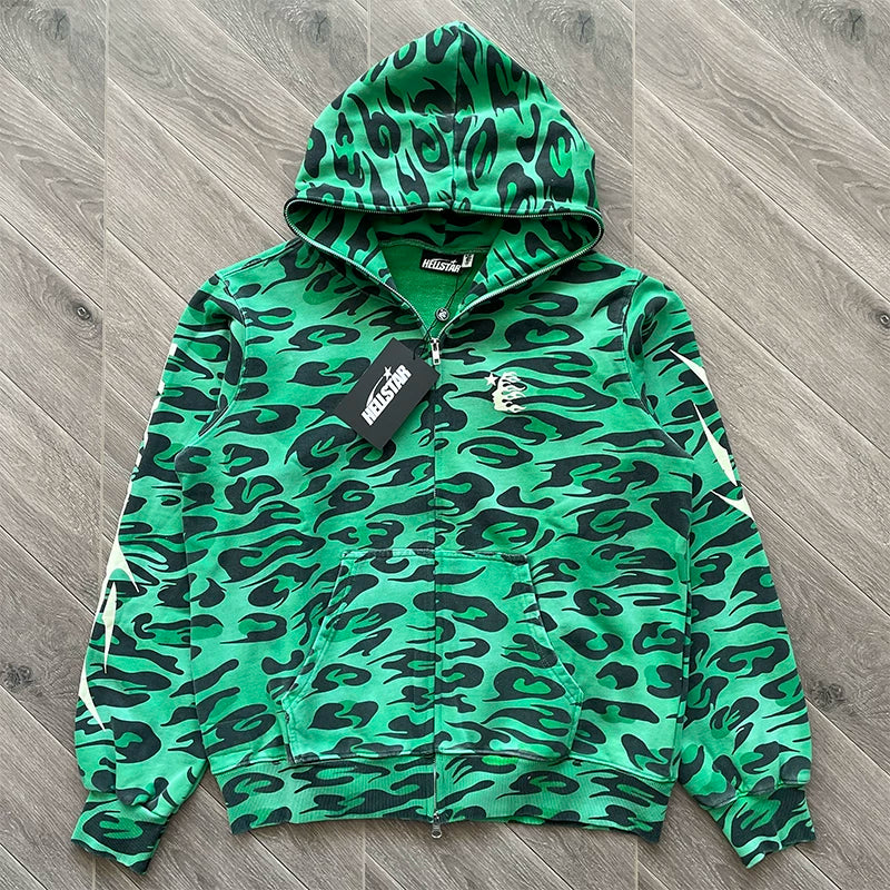 Hellstar Camo Print Full-Zip Hoodie green