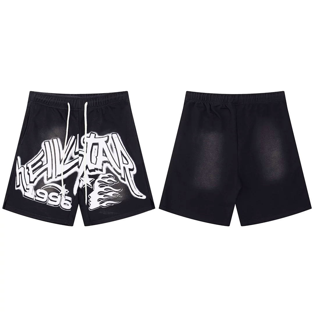 Hellstar Bold Typography & Flame Black Shorts