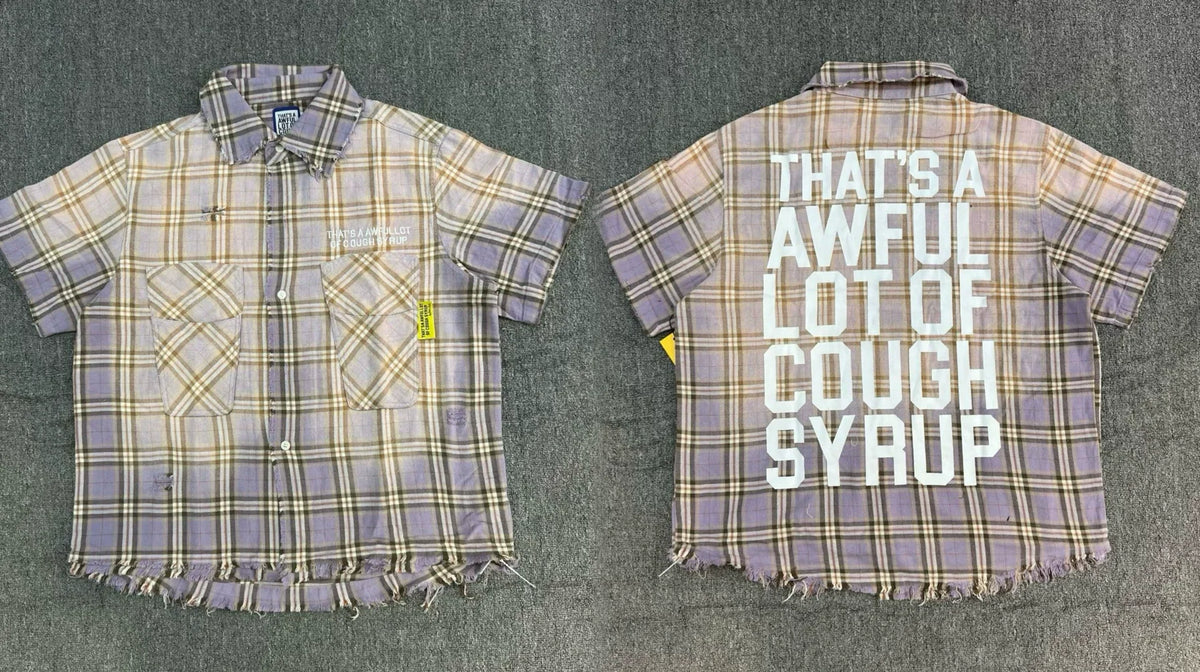 That's A Awful Lot Of Cough Syrup Distressed Plaid Button-Down Shirt - Grey Purple Plaid