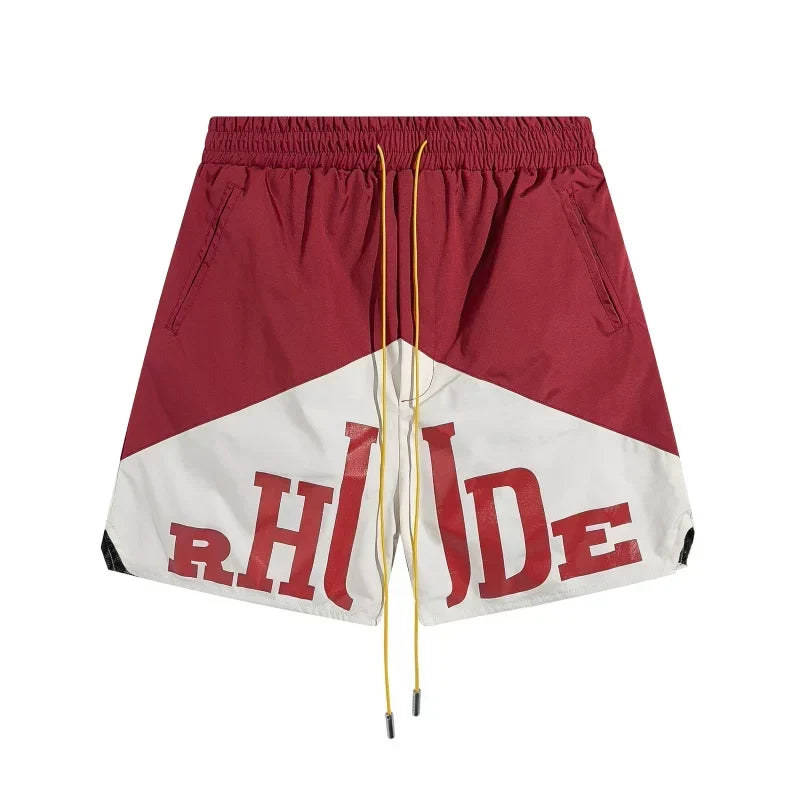 RHUDE Colorblock Athletic Shorts with Split Script Logo - Maroon / White
