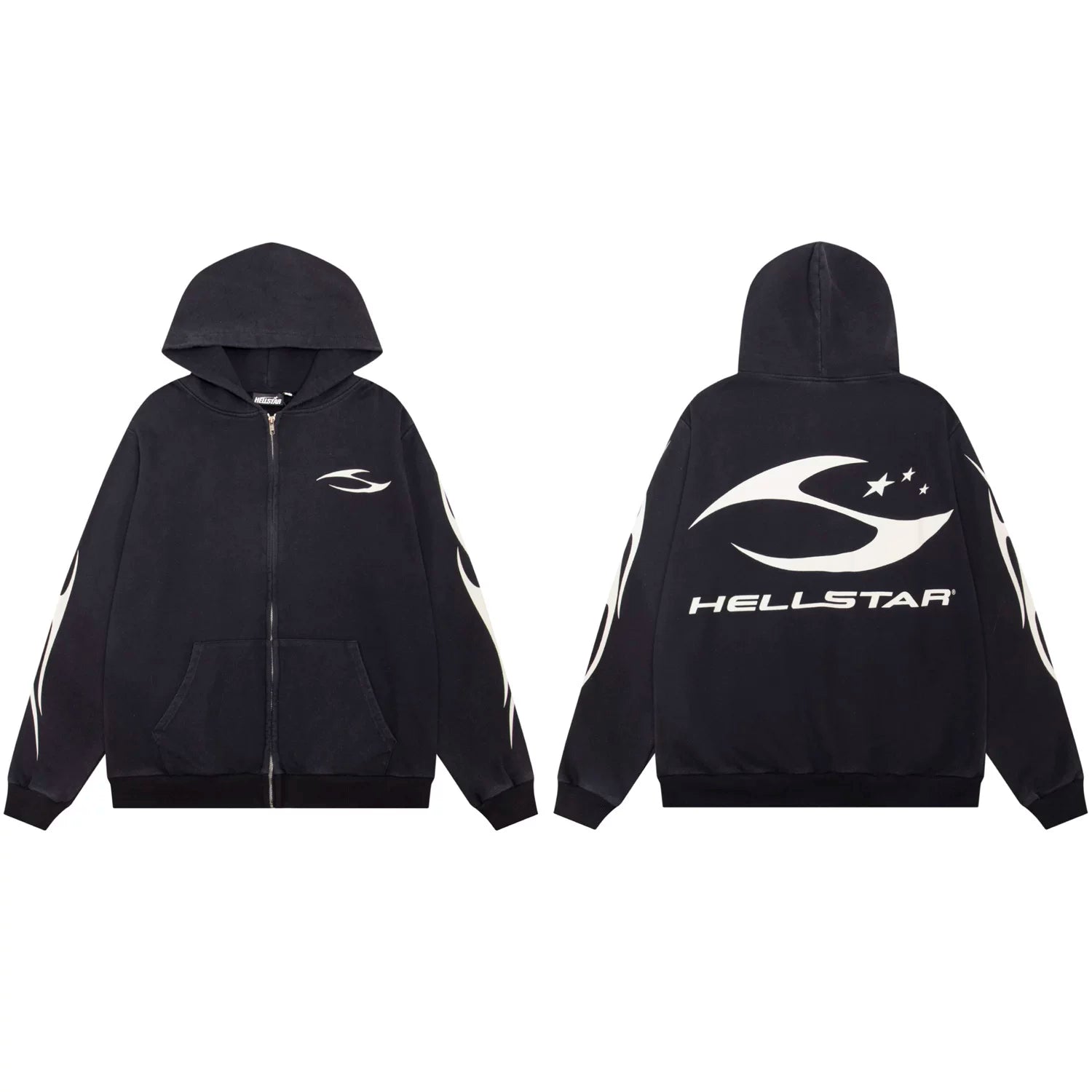 Hellstar Spiked Logo & Flame Zip-Up Black Hoodie