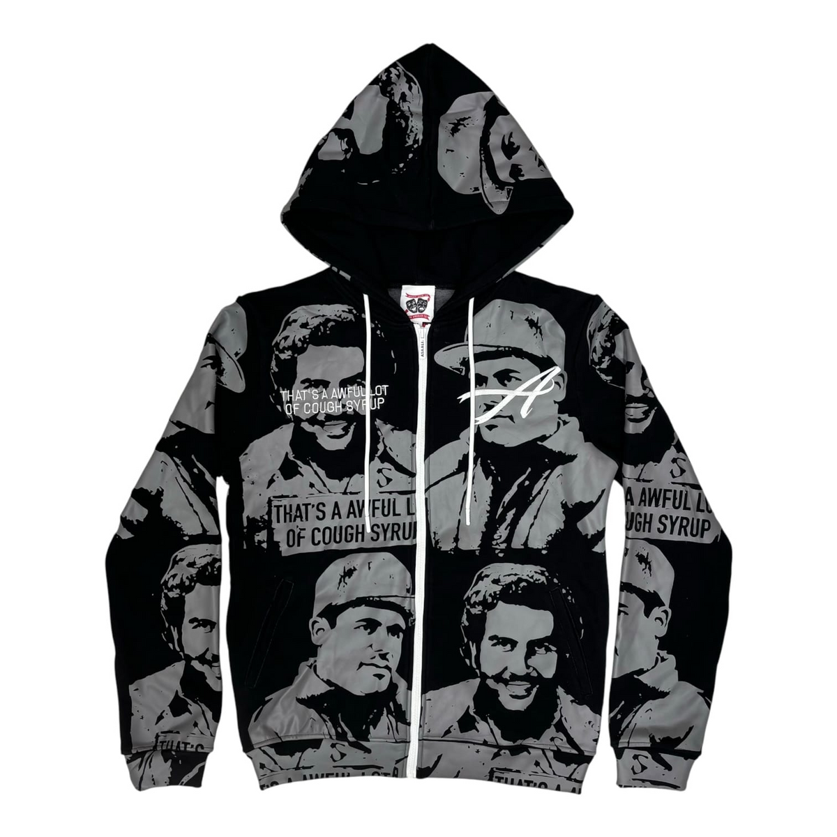 That's A Awful Lot Of Cough Syrup Portrait All-Over Print Full-Zip Hoodie - Black / Grey