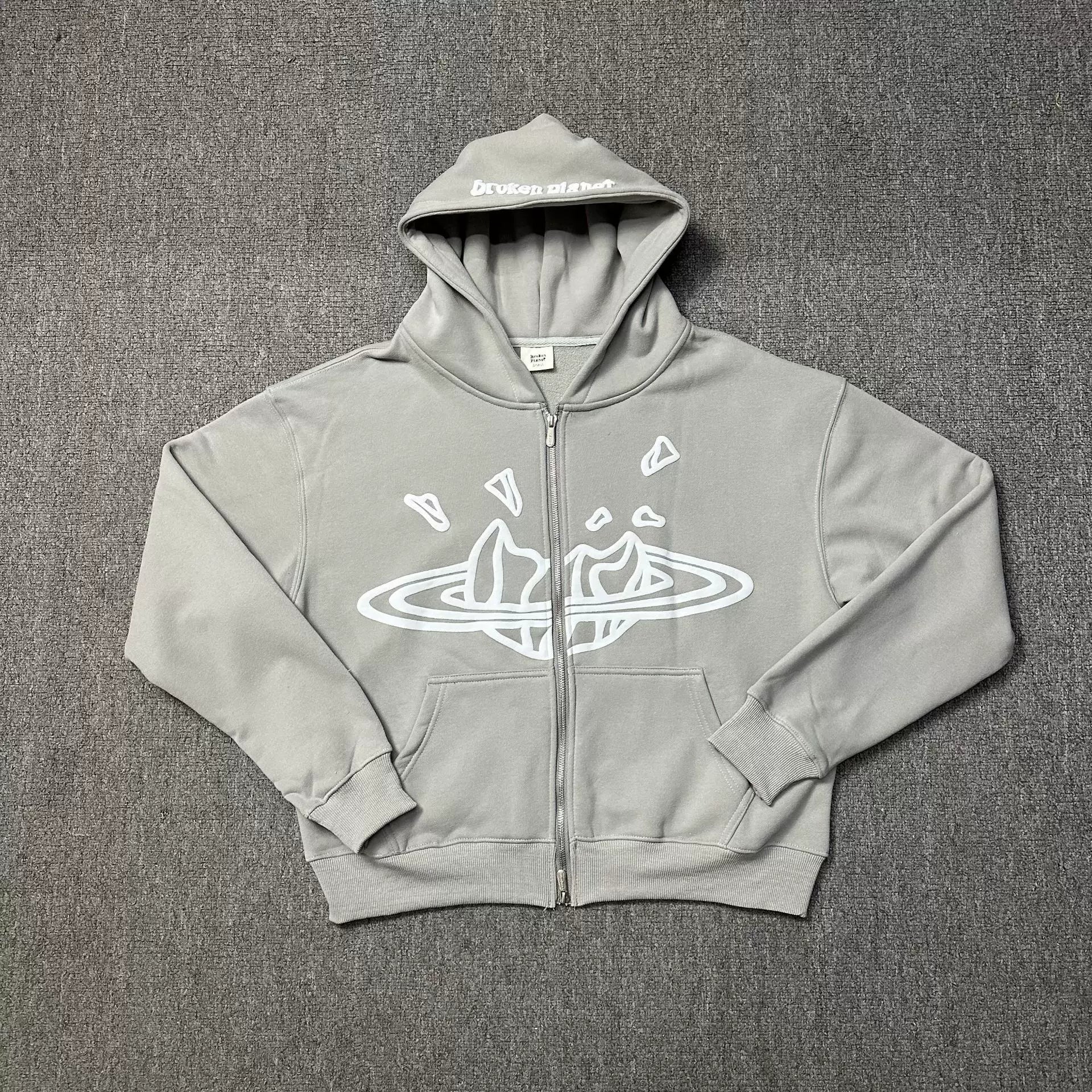 Broken Planet Zip-Up Hoodie in Grey with White Graphic