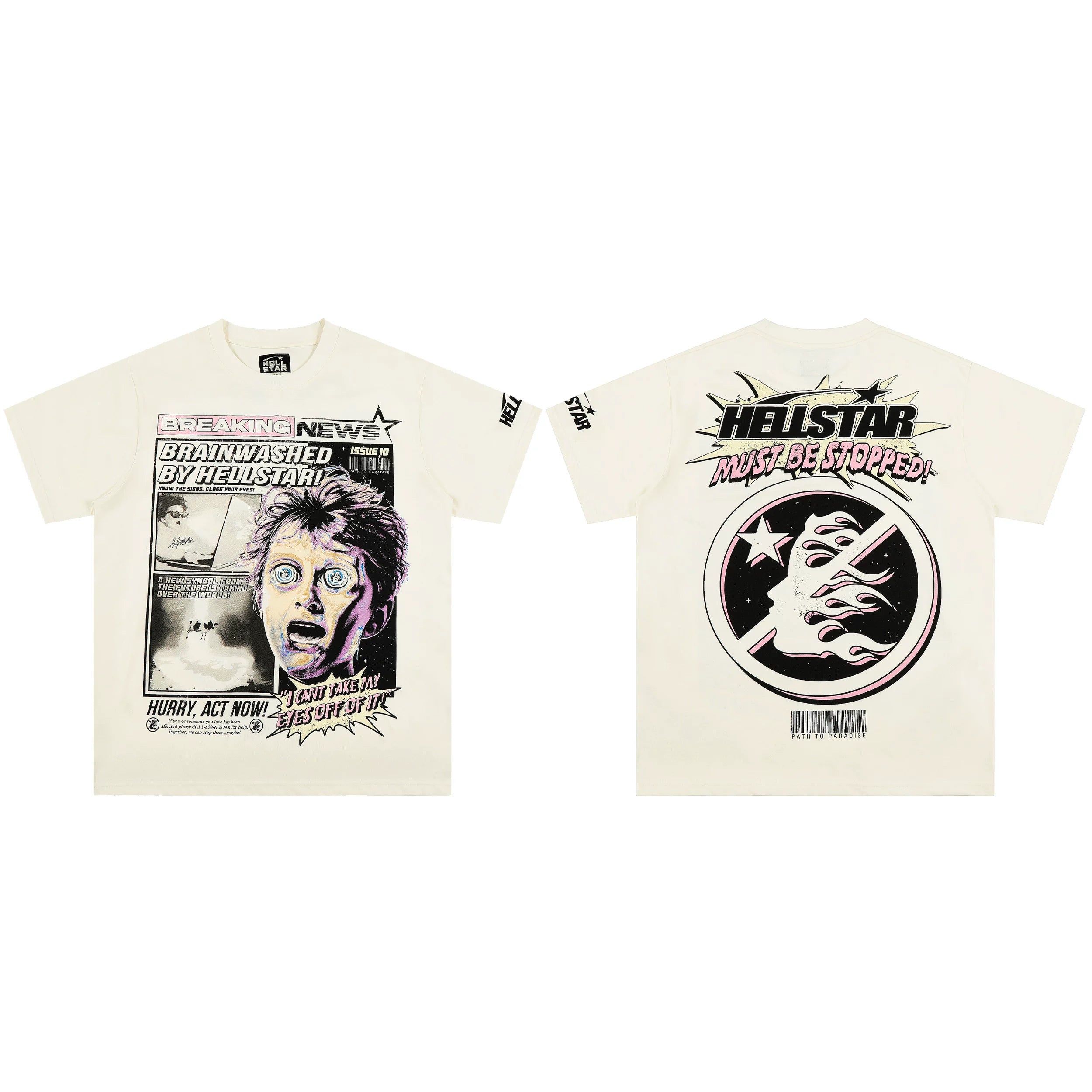 Hellstar "Must Be Stopped" Newsprint Graphic Tee - Off-White