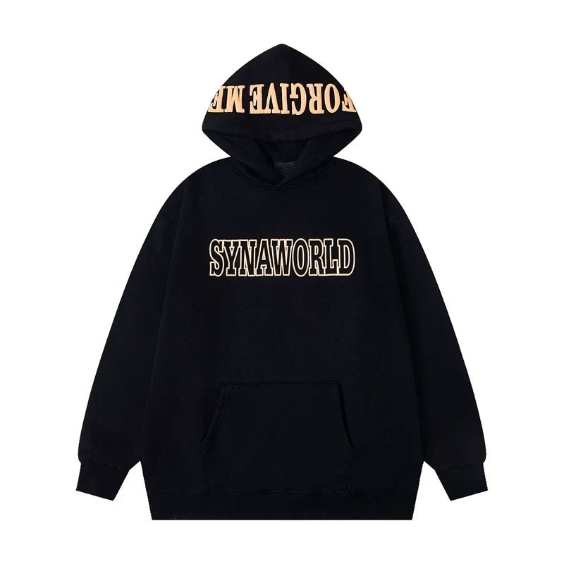 Syna World Hood Print Logo Oversized Fleece Hoodie (Black / Yellow)
