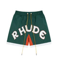 RHUDE Arch Logo Drawstring Athletic Shorts - Dark Green & Orange