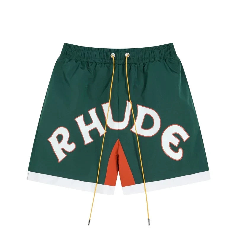RHUDE Arch Logo Drawstring Athletic Shorts - Dark Green & Orange