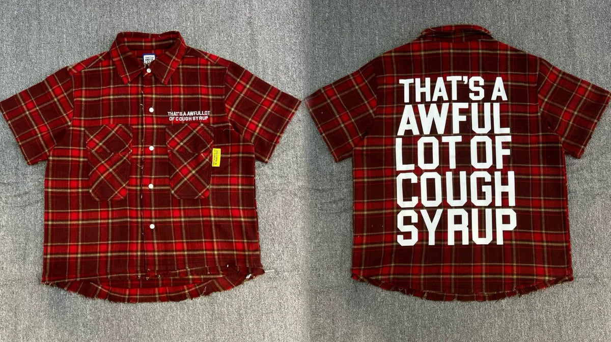 That's A Awful Lot Of Cough Syrup Distressed Plaid Button-Down Shirt - Red Plaid