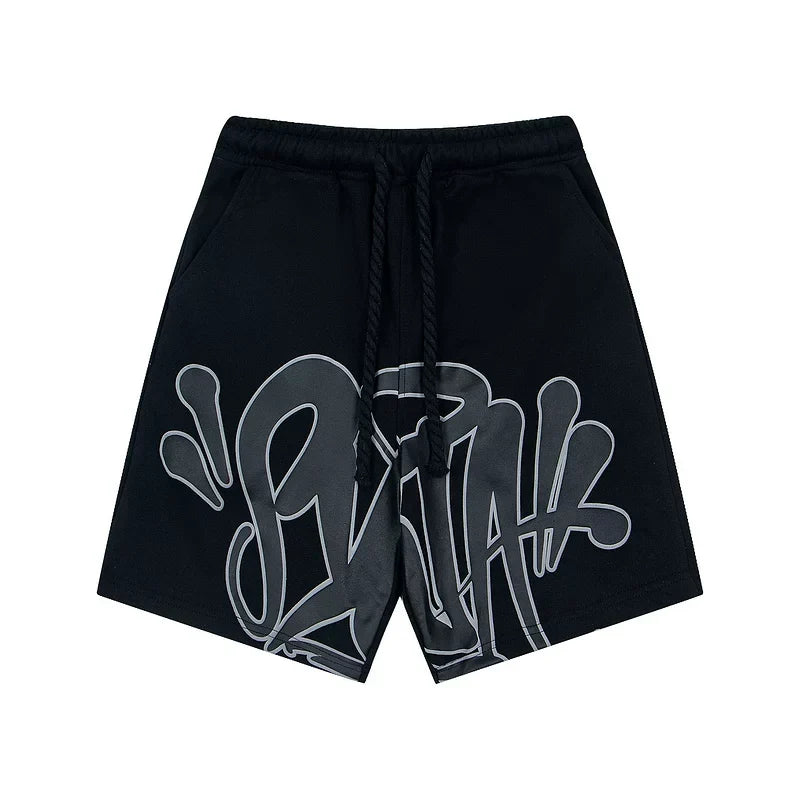 Syna World Graphic Fleece Shorts (Black / Grey Outline)