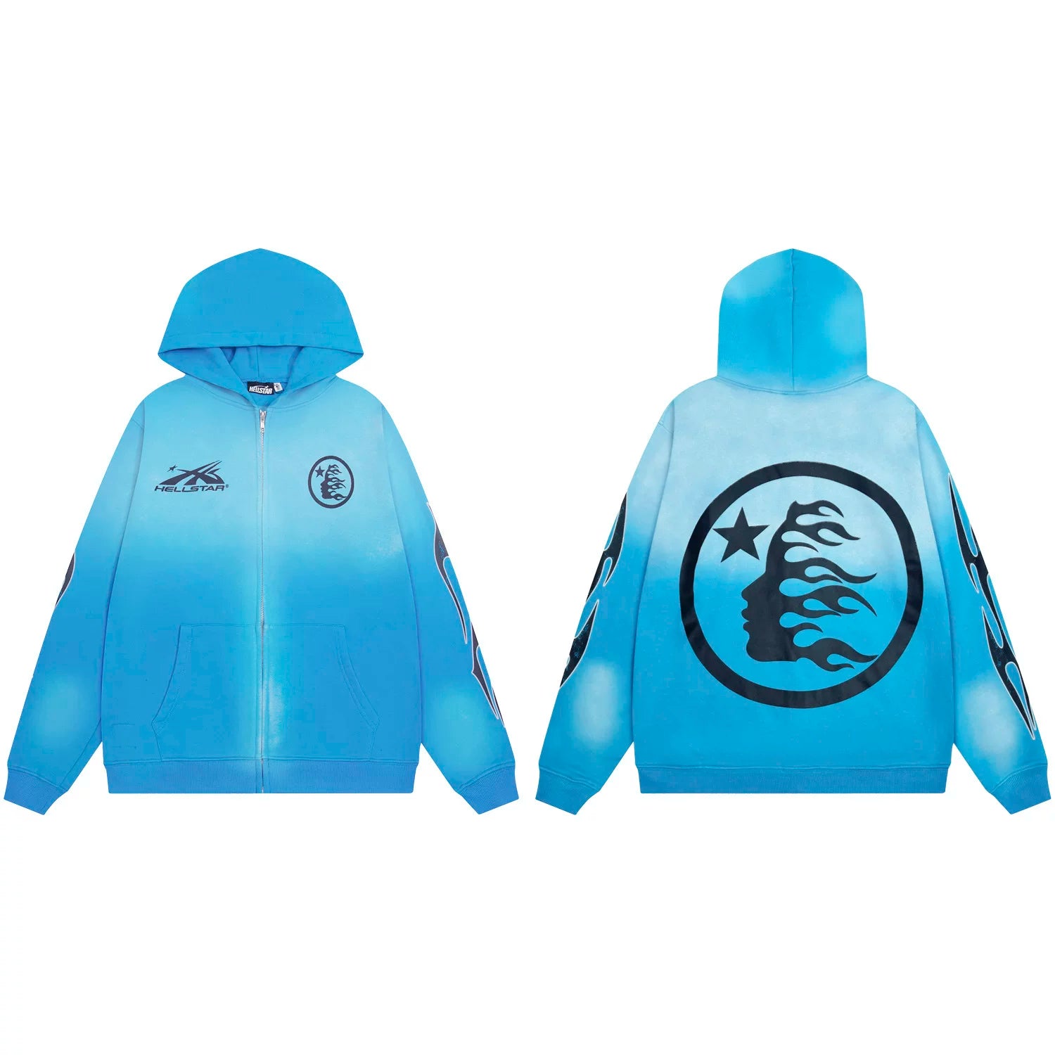 Hellstar Circular Flame Face Zip-Up Hoodie blue