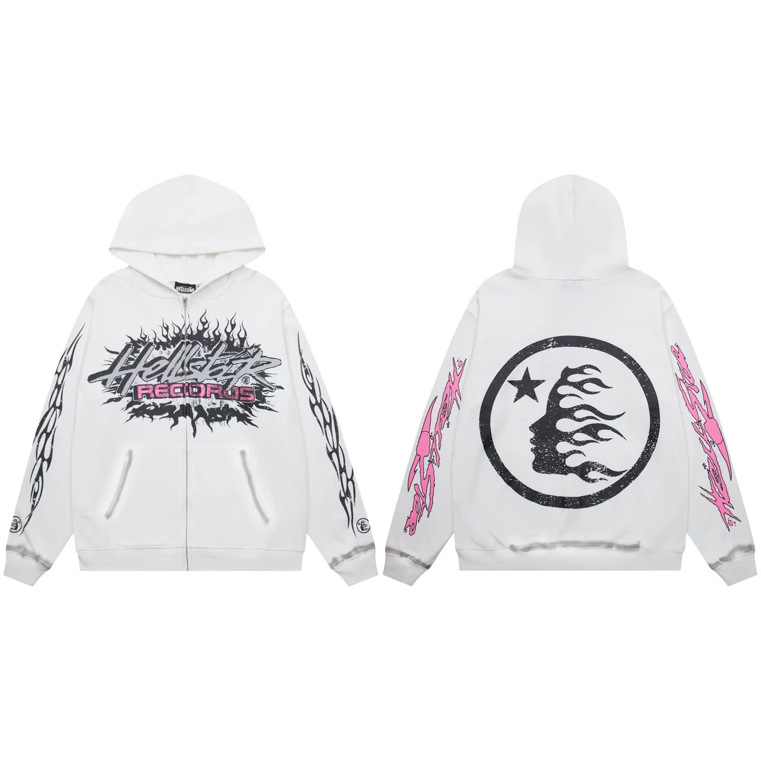 Hellstar Records Pink & Black Zip-Up White Hoodie