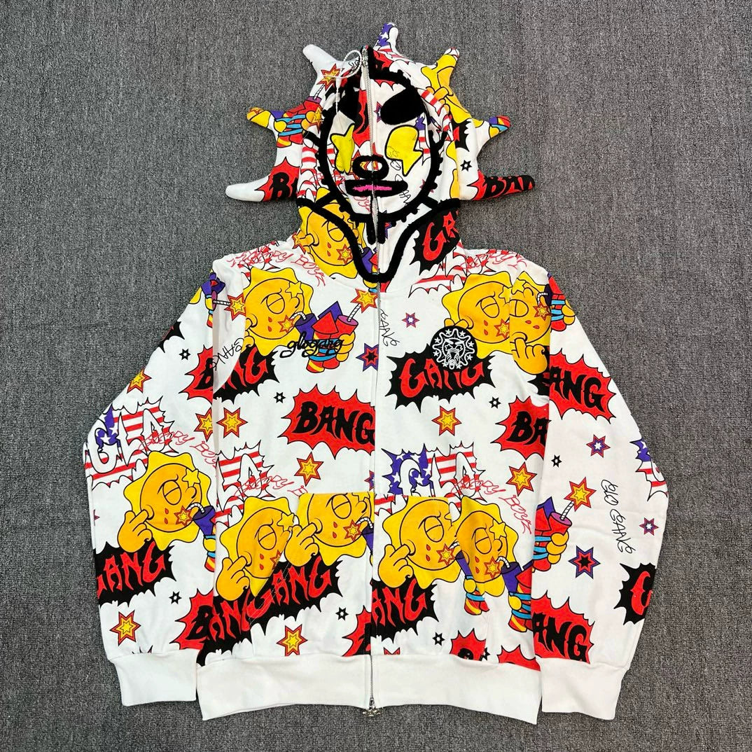 Glo Gang All-Over Print Spiked Full-Zip Mask Hoodie white