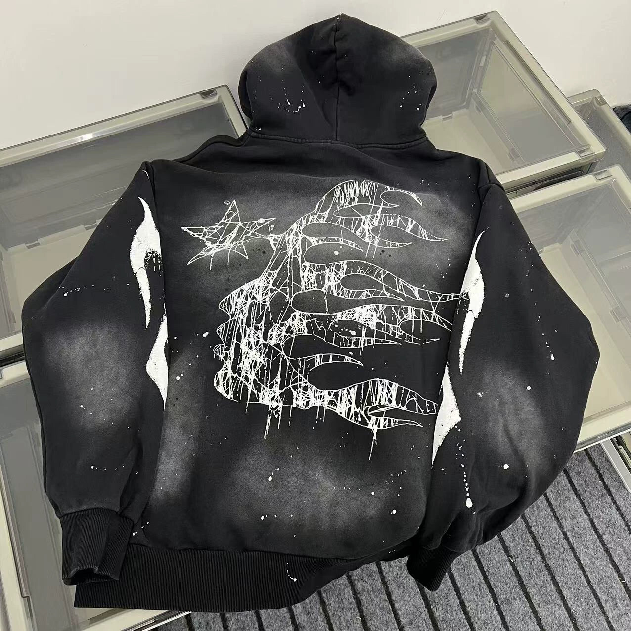 Title Hellstar Front Logo & Flame Graphic Washed Black Full-Zip Hoodie