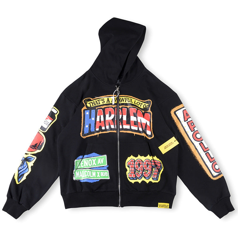 That's A Awful Lot Of Cough Syrup Harlem Patches Full-Zip Hoodie - Black