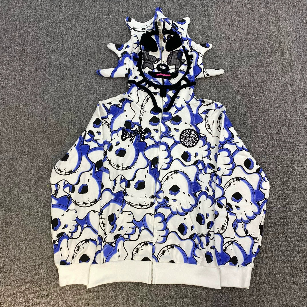 Glo Gang Blue & White Skull Print Spiked Full-Zip Hoodie