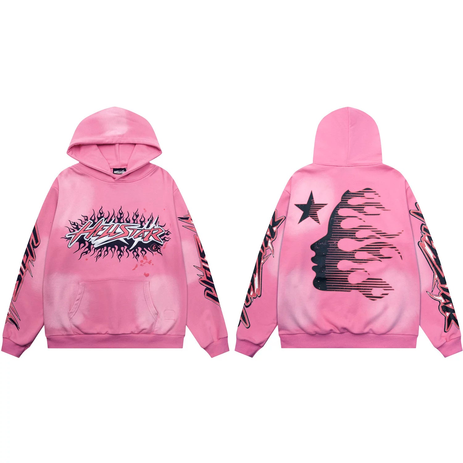 Hellstar Flaming Burst Logo & Face Pink Hoodie