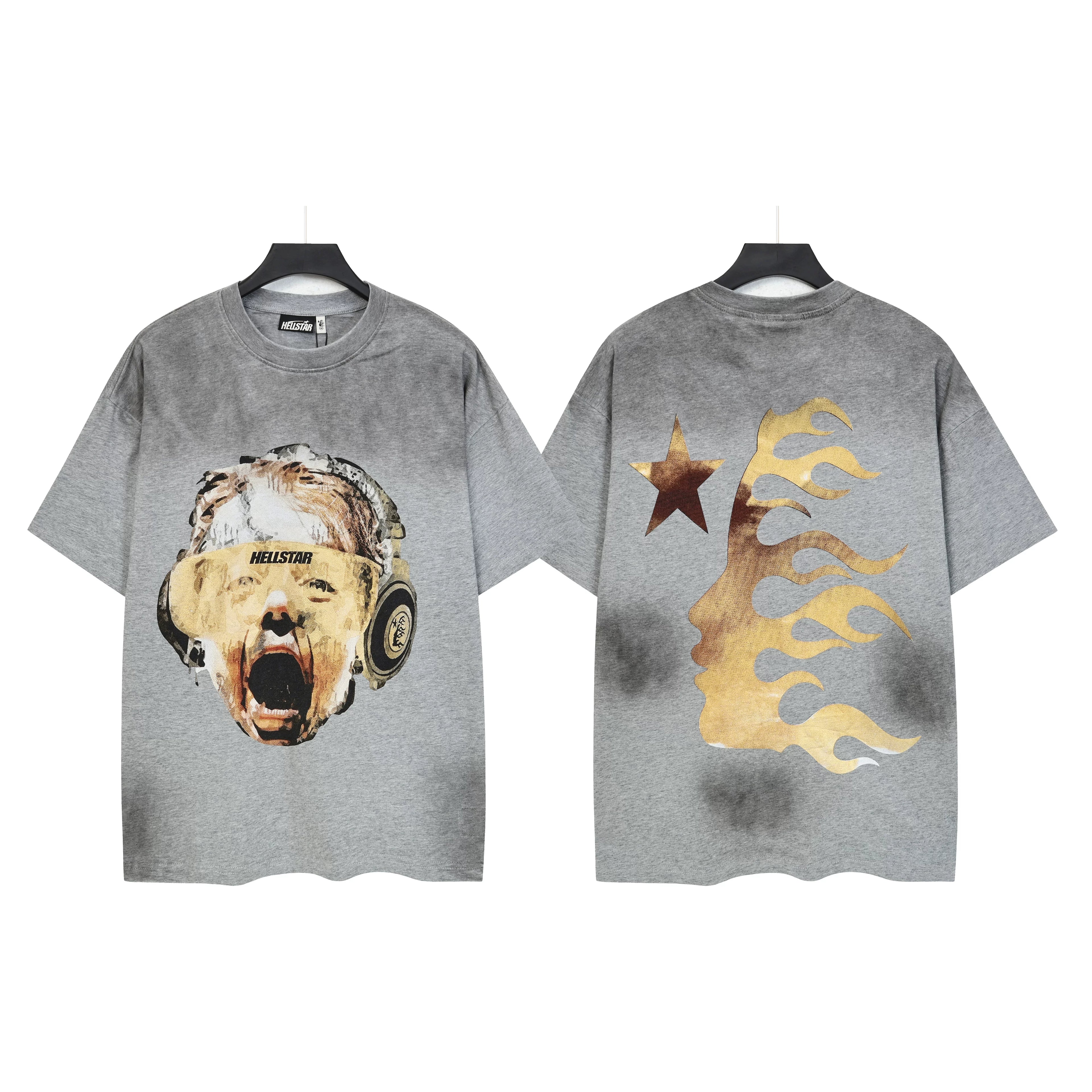 Hellstar Screaming Child & Flame Face Graphic Tee - Grey