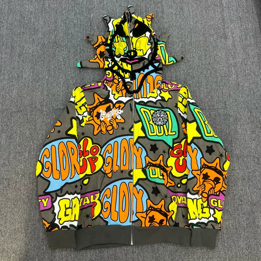 Glo Gang Dark Grey Comic Print Spiked Full-Zip Hoodie