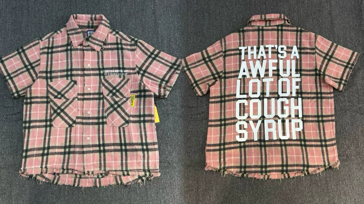 That's A Awful Lot Of Cough Syrup Distressed Plaid Button-Down Shirt - Pink Plaid