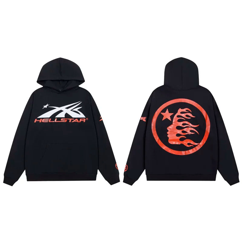 Hellstar Red Spiked Logo & Circular Face Black Hoodie
