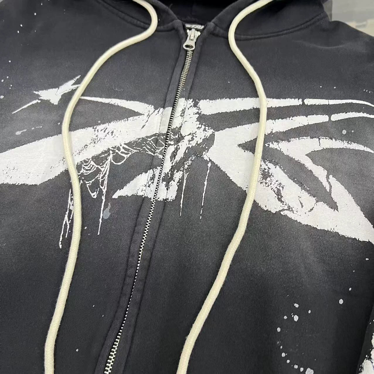 Title Hellstar Front Logo & Flame Graphic Washed Black Full-Zip Hoodie
