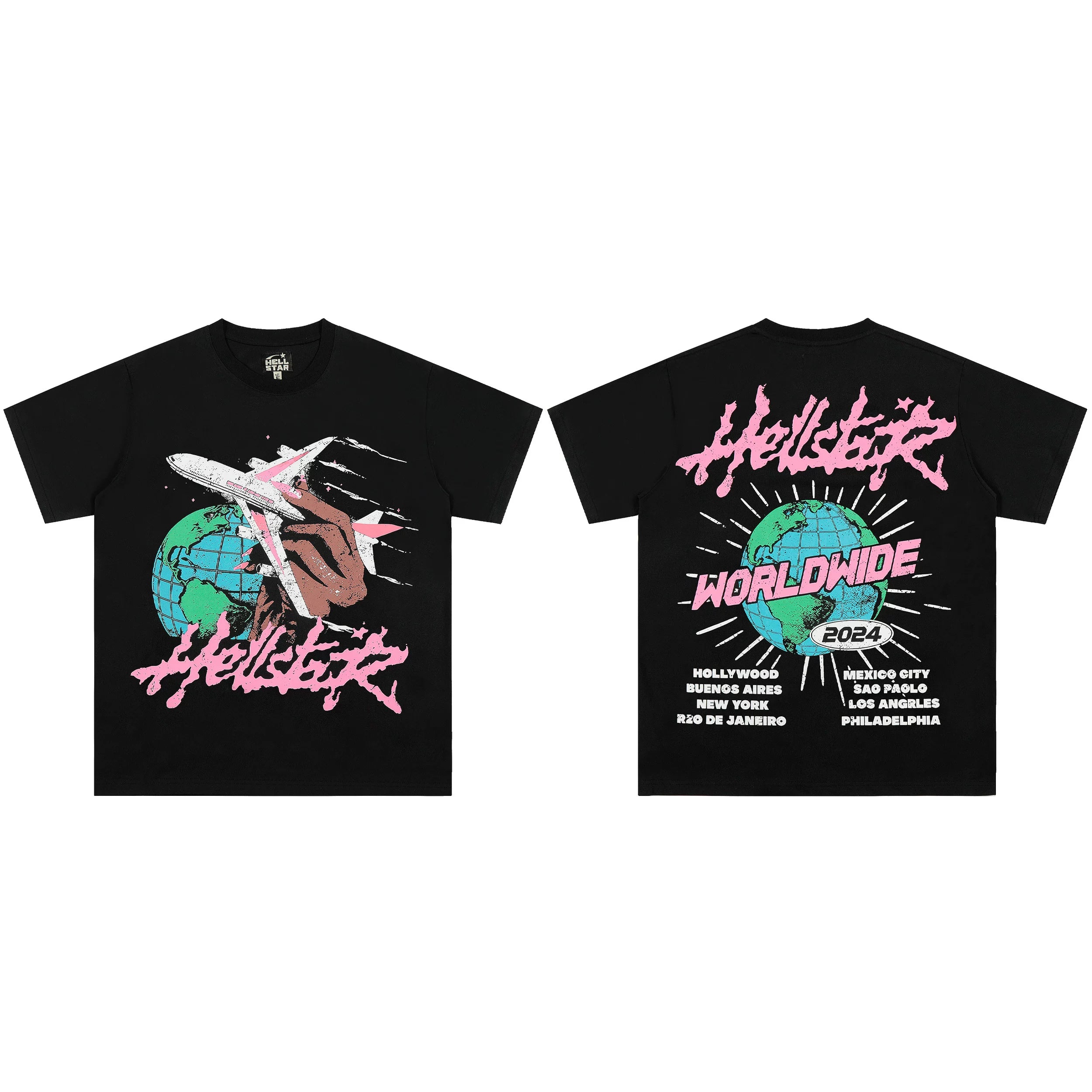Hellstar "Worldwide" Airplane & Globe Graphic Tee - Black / Pink