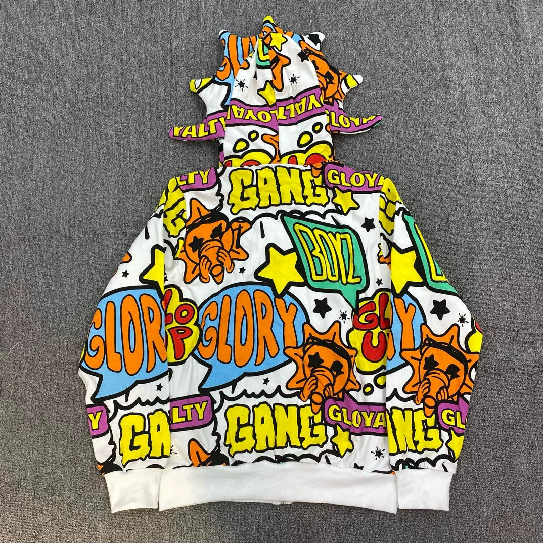 Glo Gang All-Over Comic Print Spiked Full-Zip Hoodie