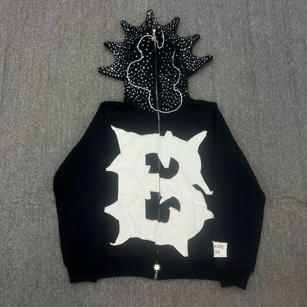 Black Rhinestone Spiked Full-Zip Mask Hoodie