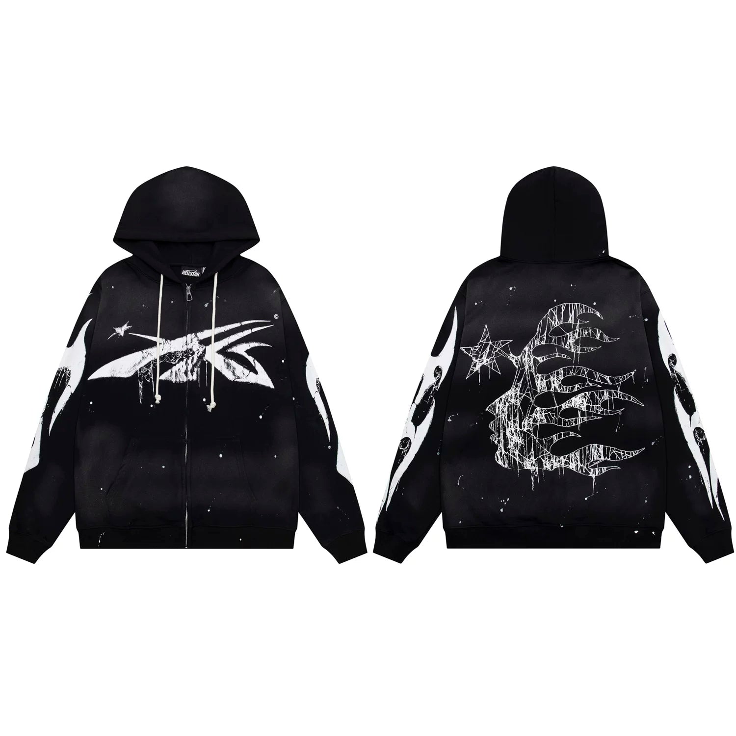 Hellstar Paint Splatter Spiked Logo & Flame Face Zip-Up Black Hoodie