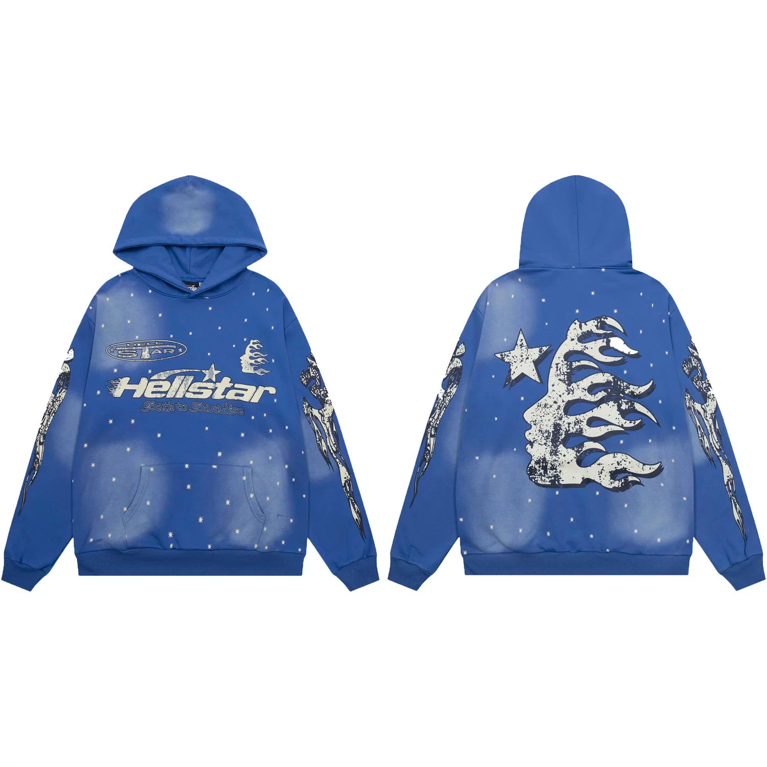 Hellstar Starry Night Flame Face Graphic Hoodie blue