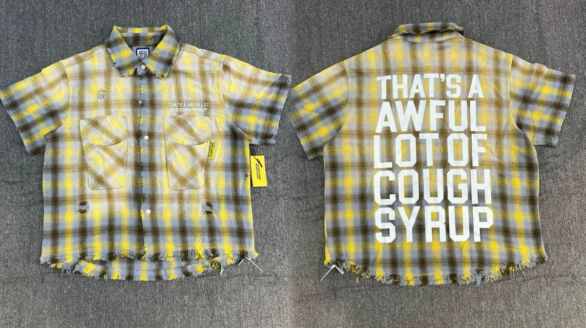 That's A Awful Lot Of Cough Syrup Distressed Plaid Button-Down Shirt - Yellow Plaid
