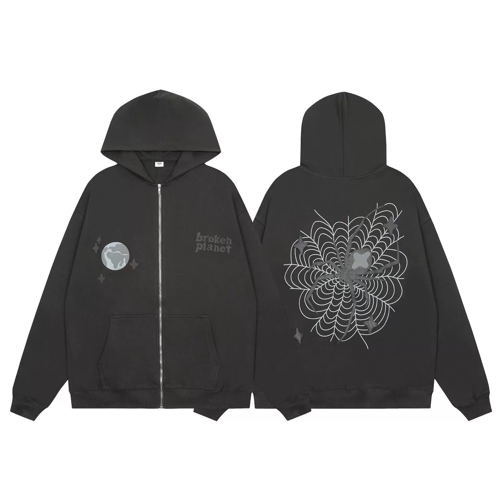 Broken Planet Spiderweb Zip-Up Hoodie in Washed Black