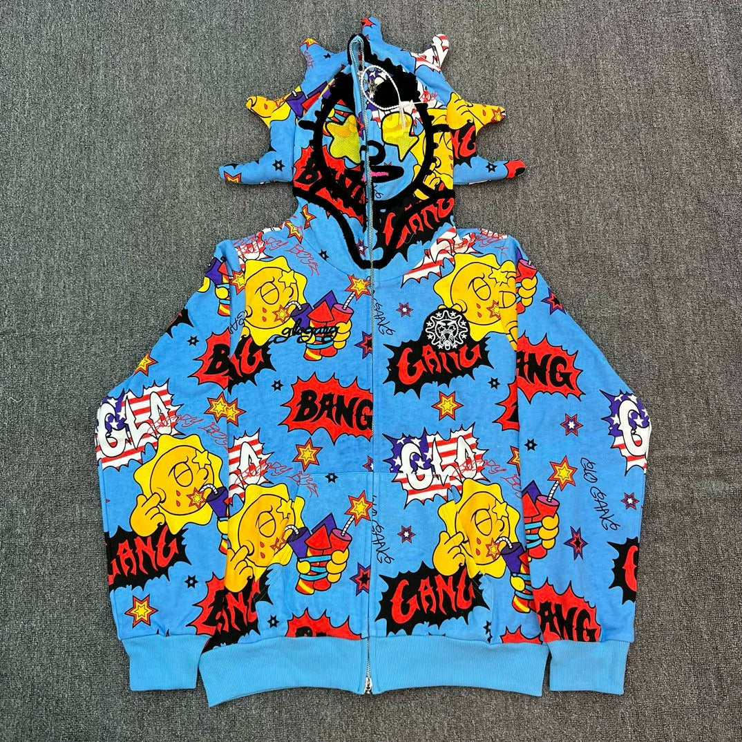 Glo Gang All-Over Print Spiked Full-Zip Mask Hoodie blue