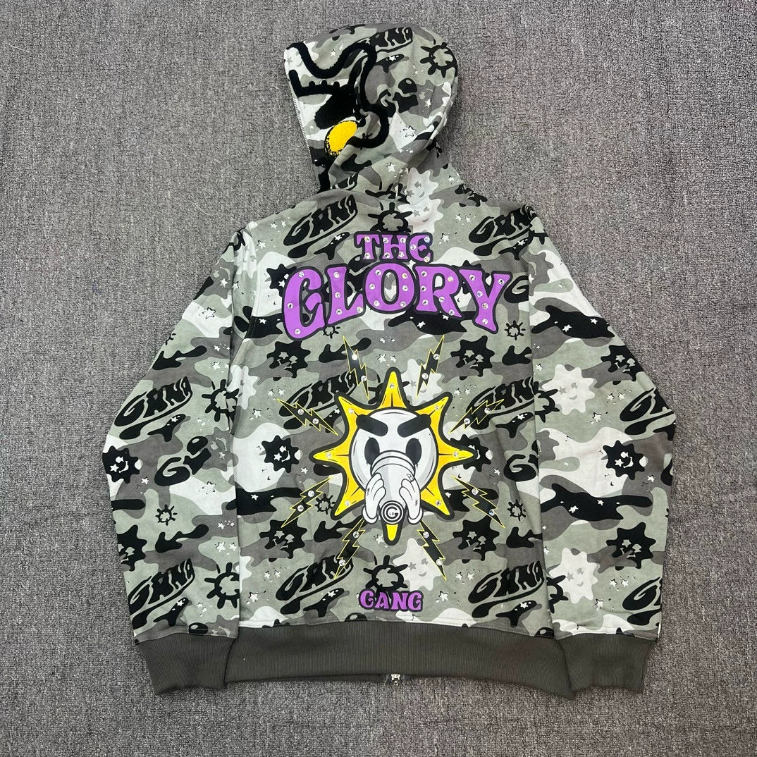 Glo Gang "The Glory" Camo Print Full-Zip Hoodie grey